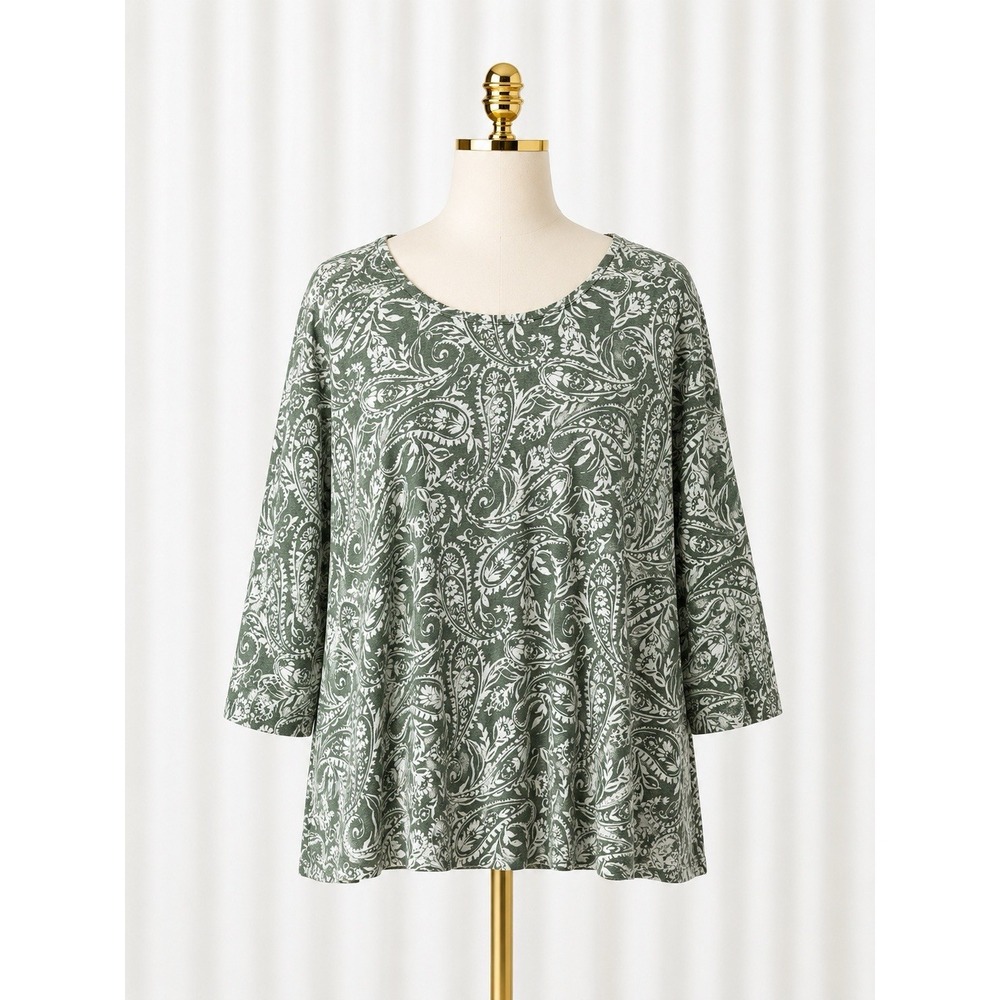 Tahari 100% Linen Tee Top T-Shirt Green White Paisley Print Breathable Size 2X